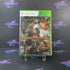 A used Xbox 360 game disc for the game Dragon's Dogma, with a green Xbox 360 console in the background. The game cover features an illustration of a character in armor riding a dragon.