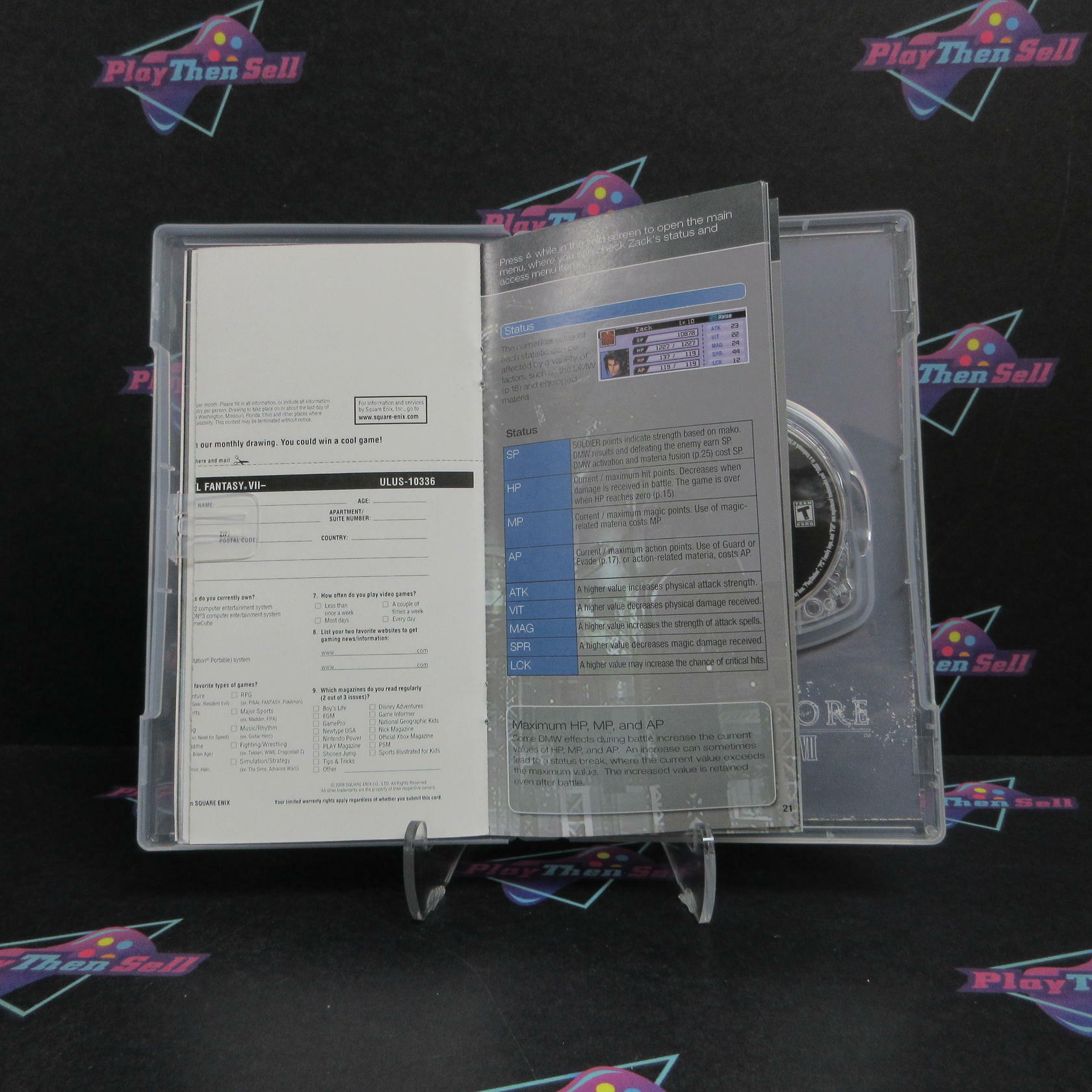 Crisis Core Final Fantasy VII Sony PSP Clear UMD AD + Reg Card Complete CIB - Very Good